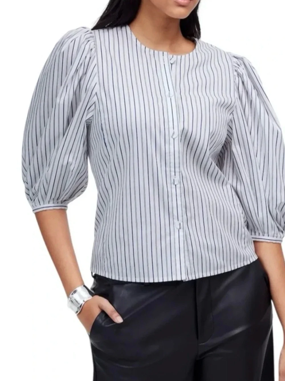 Madewell Puff-Sleeve Button-Up Top in Dark Blue and White Stripes